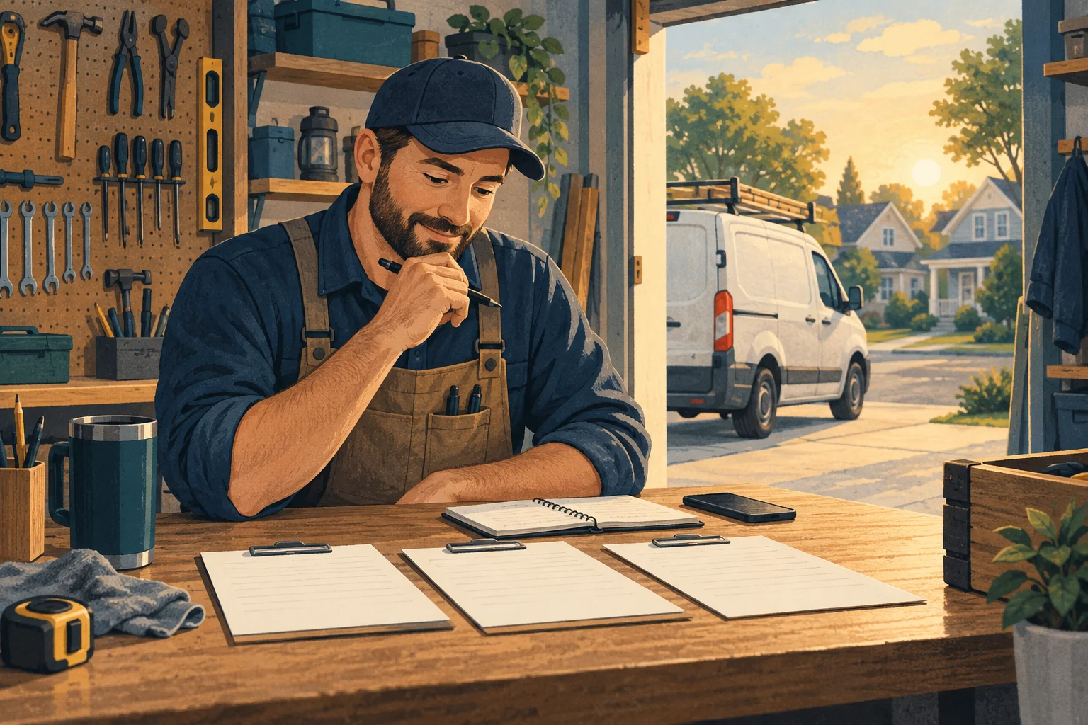 Local business owner planning customer appointments at a workshop desk